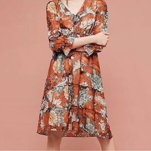 Anthropologie HERMANT & NANDITA Orange Floral Print MIDI Dress